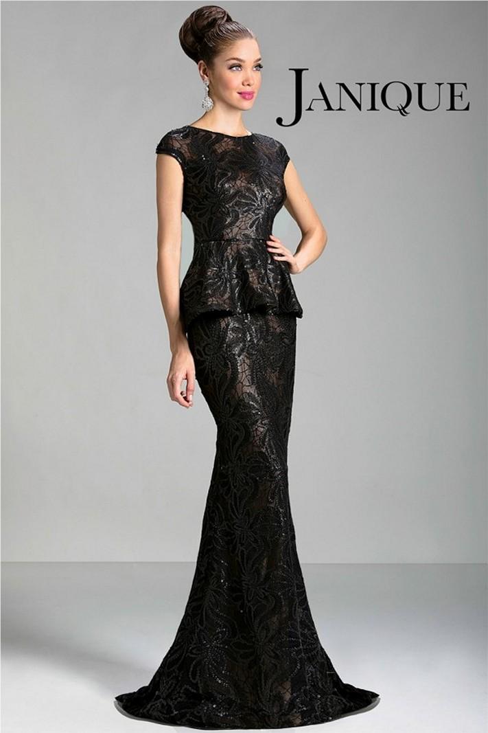 Janique - Cap Sleeves High Neck Long Sequined Gown With A Pelpum Waist Jq3418