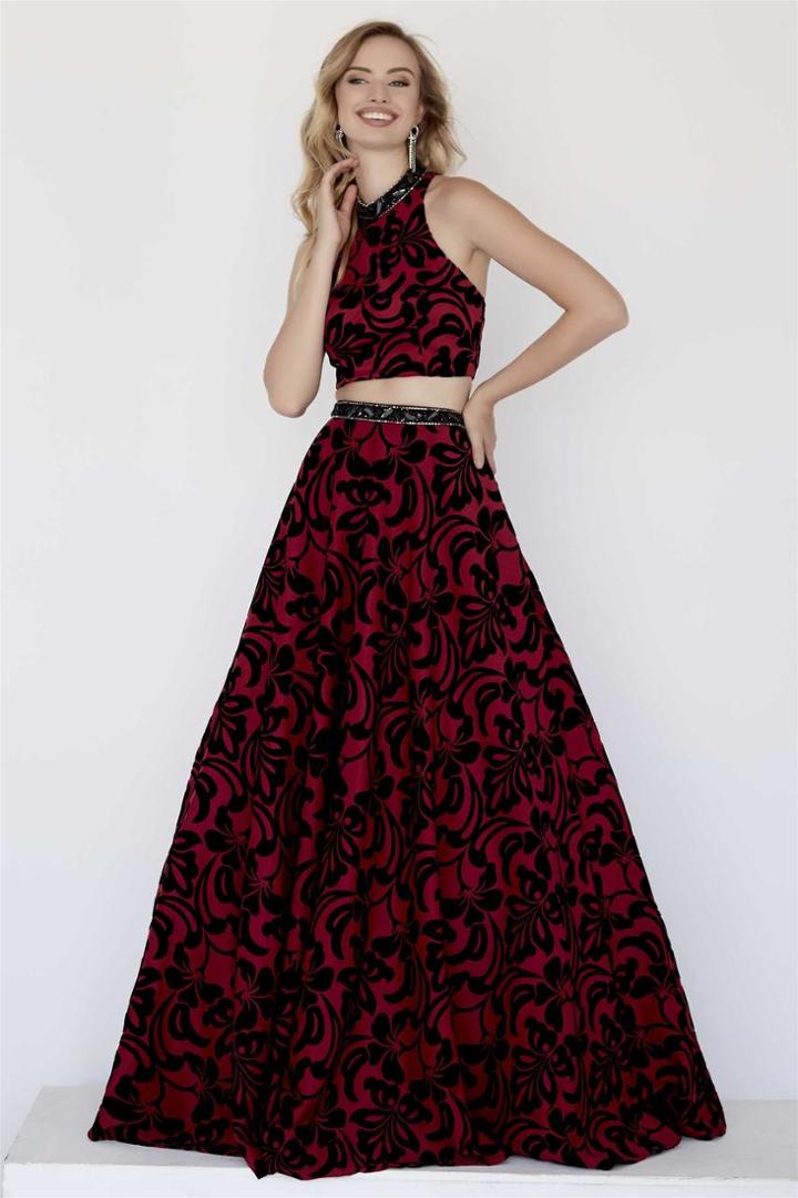 Jolene Collection - 18072 Crystal Ornate High Neck Floral A-line Gown