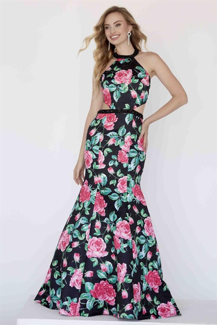 Jolene Collection - 18104 Beaded Halter Floral Printed Mermaid Dress