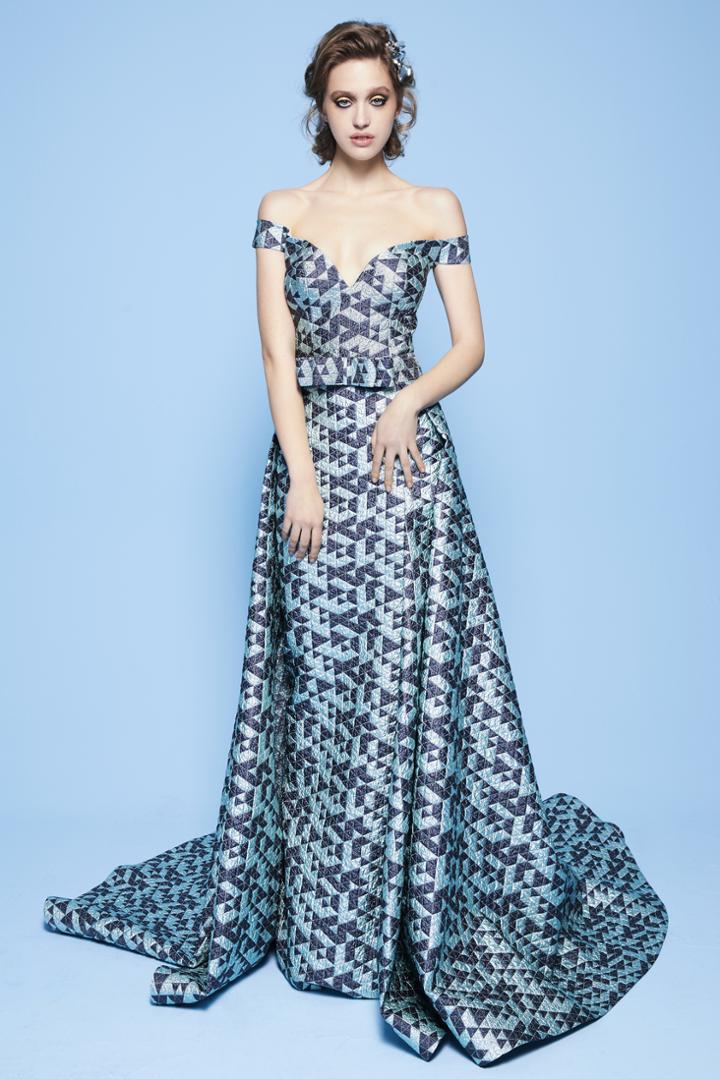 Mnm Couture - N0260 Geometric Patterned Off-shoulder Dress