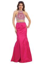 Attractive Two-piece Beaded Crop-top Mermaid Satin Skirt Gown