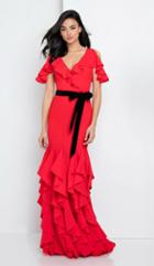 Terani Evening - 1722e4242 V-neck Ruffled Detail Evening Dress