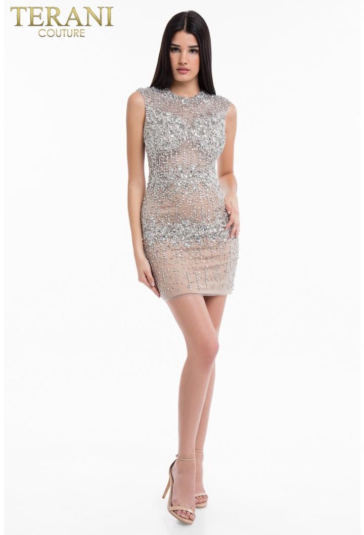 Terani Couture - 1822h7833 Embellished Jewel Neck Sheath Dress
