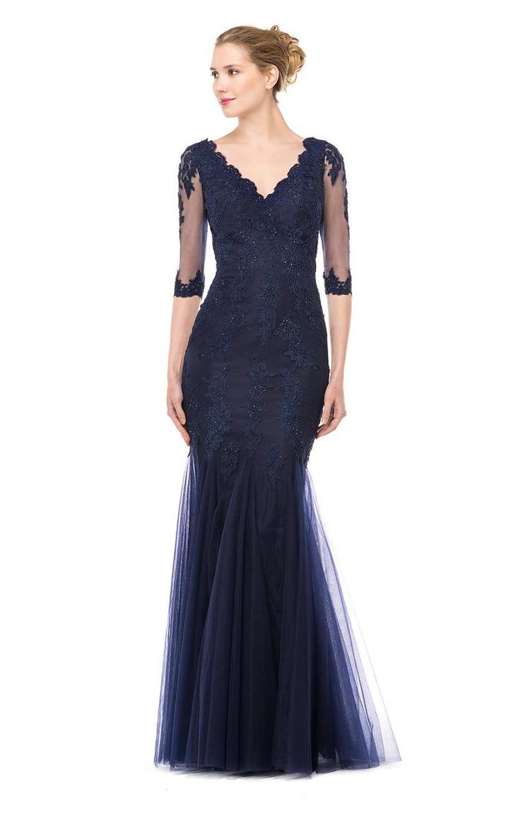 Marsoni By Colors - M162-1 Quarter Sleeved Lace Beaded Evening Gown