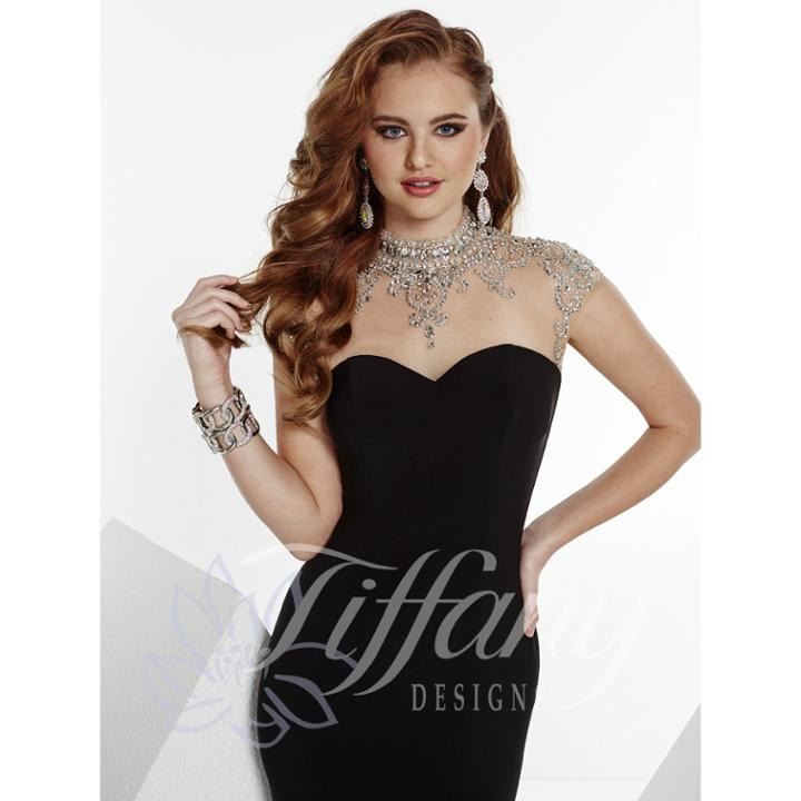 Tiffany Designs - Silver Beaded High Neck Illusion Svelte Long Jersey Gown 16075