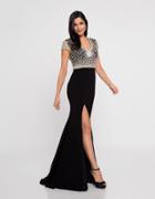 Terani Couture - 1812m6655 Cap Sleeve Crystal Ornate High Slit Gown