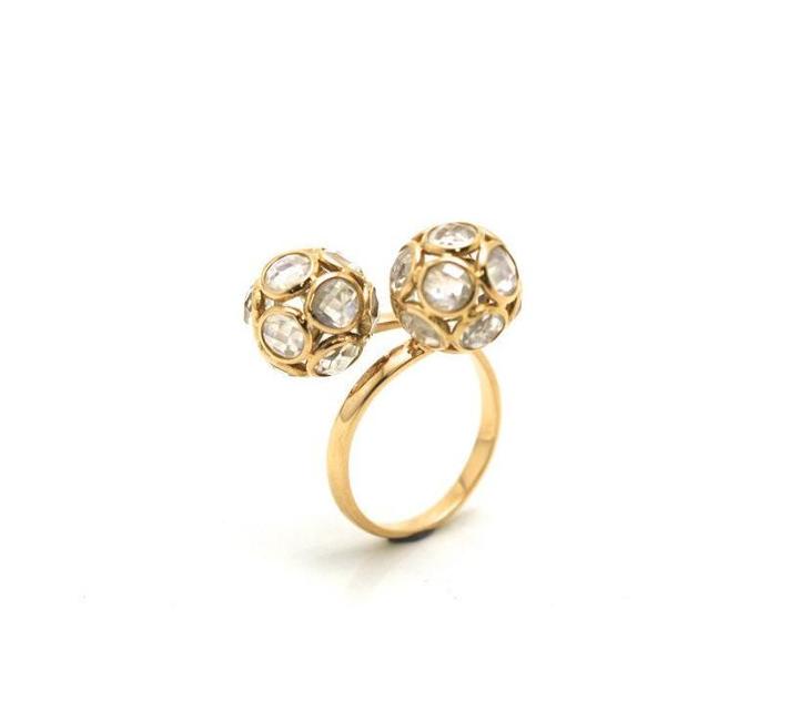 Tresor Collection - Origami Sphere Balls Rainbow Moonstone Ring In 18k Yellow Gold