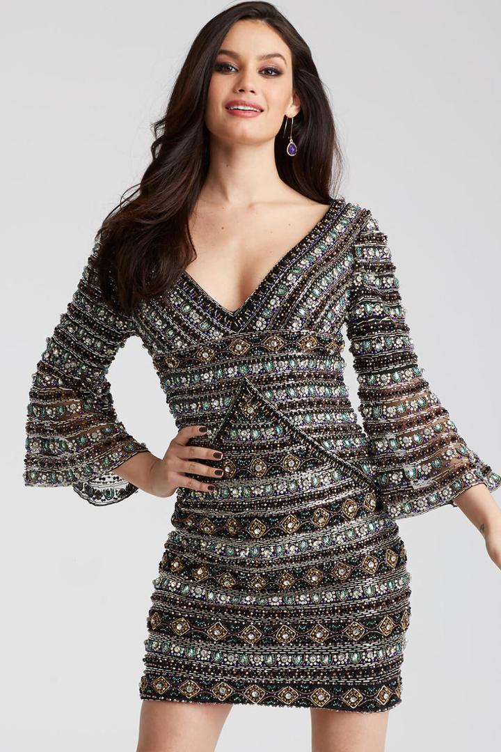 Jovani - 50645 Beaded V Neck Bell Sleeves Cocktail Dress