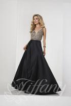 Tiffany Designs - 46139 Beaded Deep V-neck Satin A-line Gown