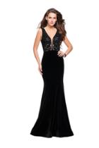 La Femme - 25824 Lace Deep V-neck Velvet Sheath Dress