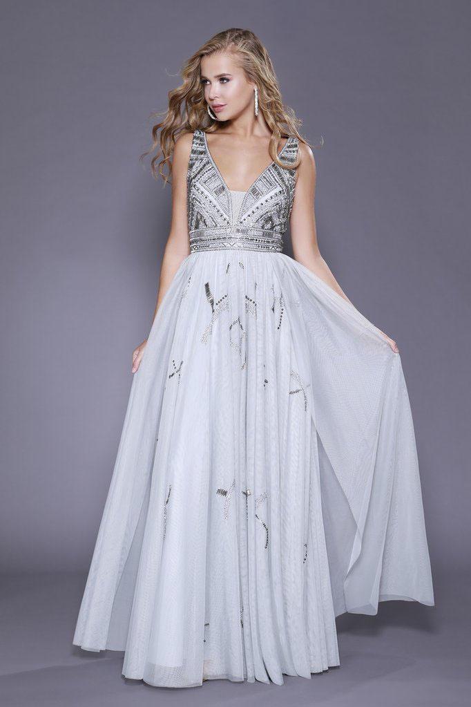 Shail K - 12150 Beaded Plunging V Neck Chiffon Dress