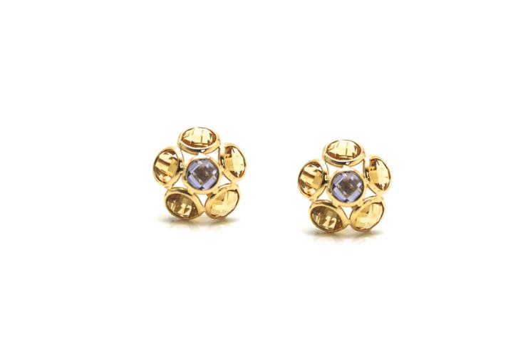 Tresor Collection - Citrine And Iolite Small Flower Stud Earrings In 18k Yellow Gold