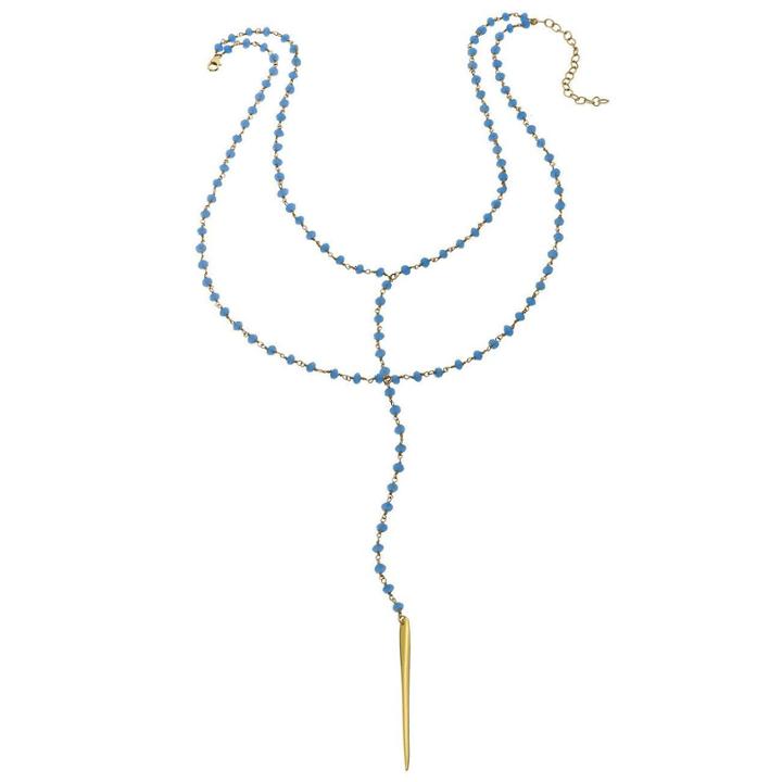 Heather Hawkins - Double Y Gemstone Necklace In Tiny Dagger W/ Blue Chalcedony