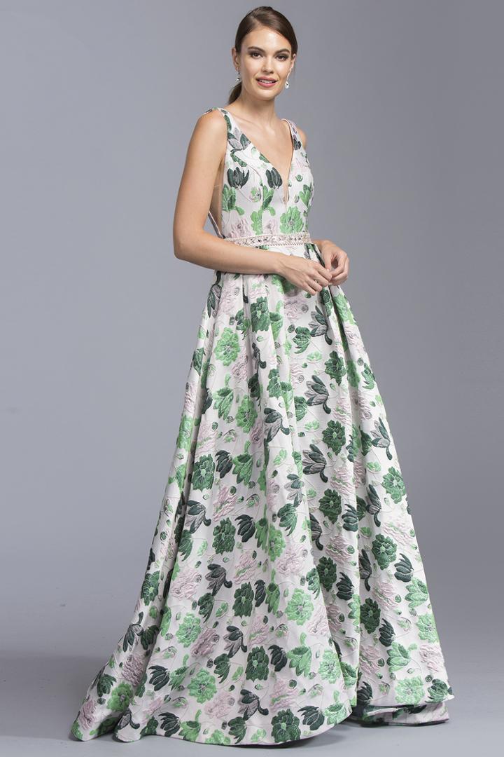 Aspeed - L2024 Floral Print Deep V-neck A-line Prom Dress
