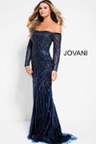 Jovani - 42830 Beaded Long Sleeve Off-shoulder Evening Dress