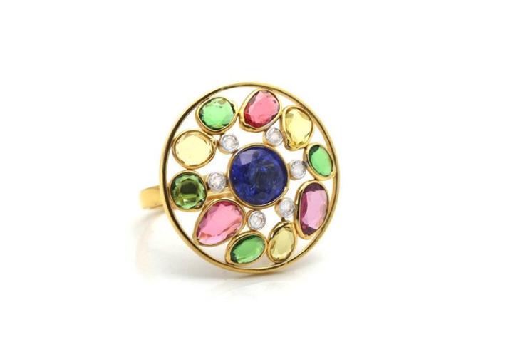 Tresor Collection - Multicolor Stone & Diamond Ring In 18k Yellow Gold Style 4