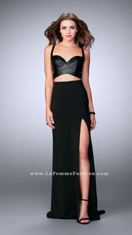 La Femme - Seductive Crisscrossed Leather Two-piece Long Evening Gown 24036