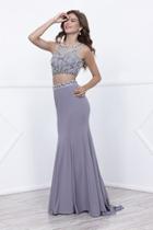 Two-piece Silver Bateau Illusion Long Dress With Bead Embellishments