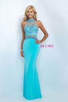 Blush - Embellished High Neck Jersey Sheath Gown 11079