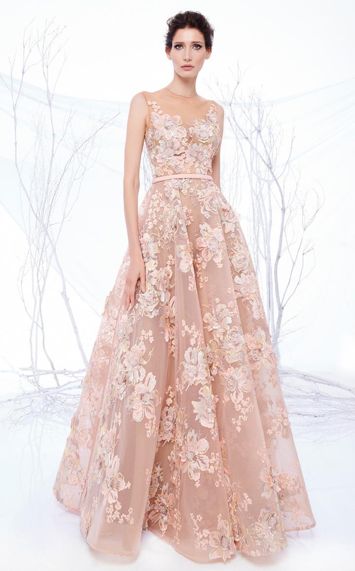 Mnm Couture - N0194 Floral Embroidered Illusion Pleated Gown