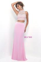 Blush - Two-piece Beaded Cropped Top Jersey Long Gown 11230