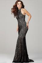 Jovani - Long Fitted Sleeveless Lace Prom Dress 25100