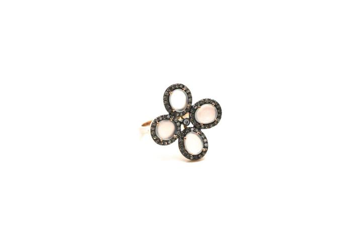 Tresor Collection - White Moonstone Flower Ring With Diamond Pave Frame Set In 18k Rose Gold