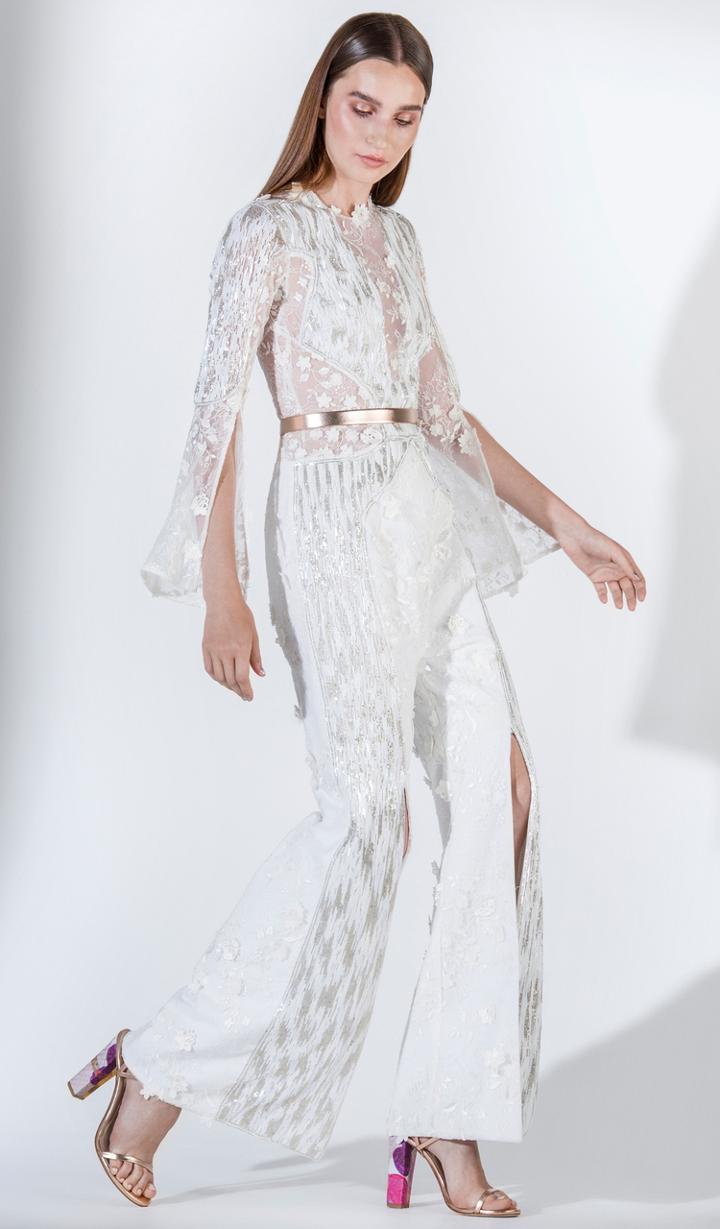 Saiid Kobeisy - 3407 Lace Embroidered Long Sleeves Pantsuit