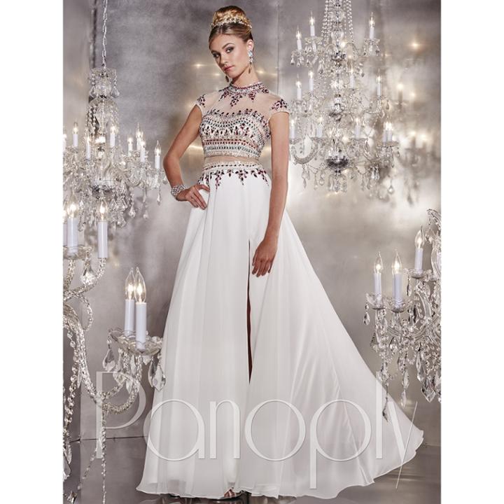 Panoply - Crystal Accented Choker Neck Two-piece Chiffon Gown 14751