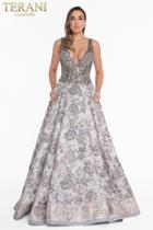 Terani Couture - 1821e7169 Bedazzled Deep V-neck A-line Gown