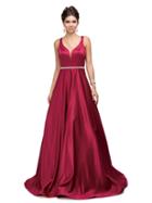 Dancing Queen - Classic Long Satin Prom Dress With V-back And Plunging Neckline 9754