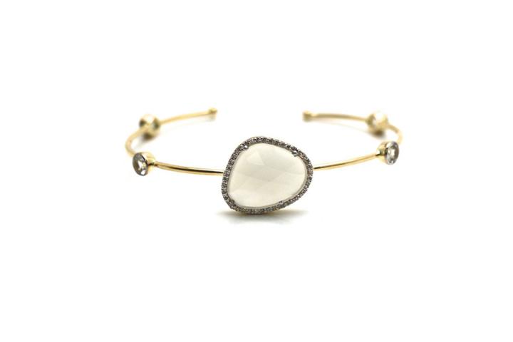 Tresor Collection - White Moonstone Unshape, White Sapphire & Diamond Bangle In 18k Yellow Gold