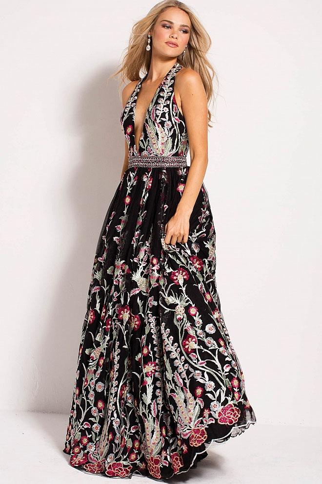 Jovani - 53100 Floral Embroidered V Neck Prom Ballgown