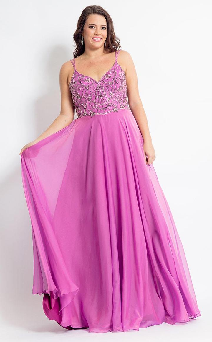 Rachel Allan Curves - 6316 Beaded V-neck Chiffon A-line Dress