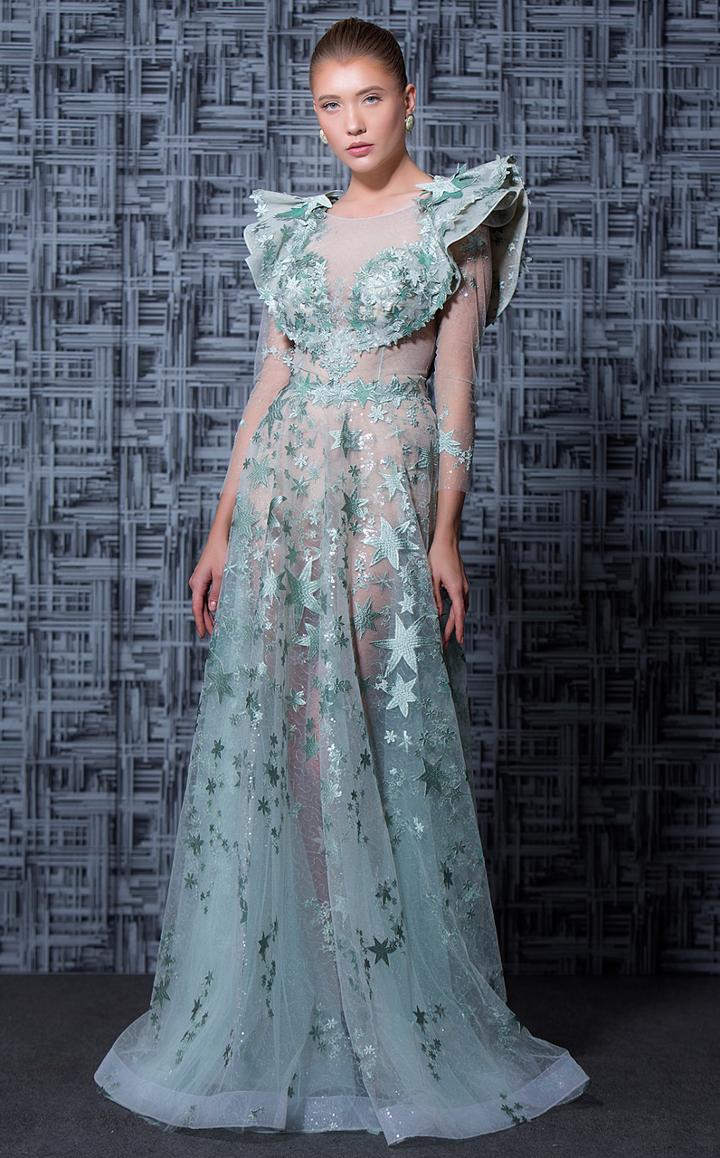 Mnm Couture - K3602 Long Sleeved Sheer Embellished Gown
