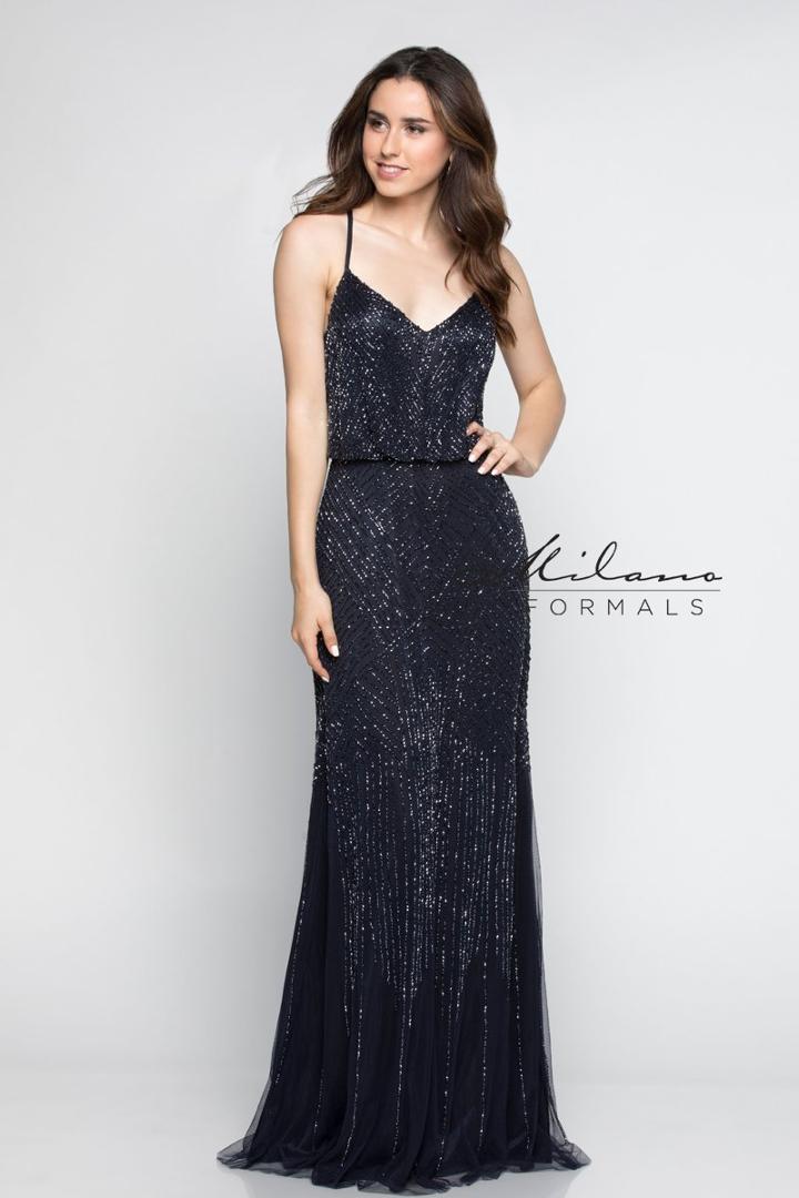 Milano Formals - E2345 Beaded V-neck Draped Evening Dress