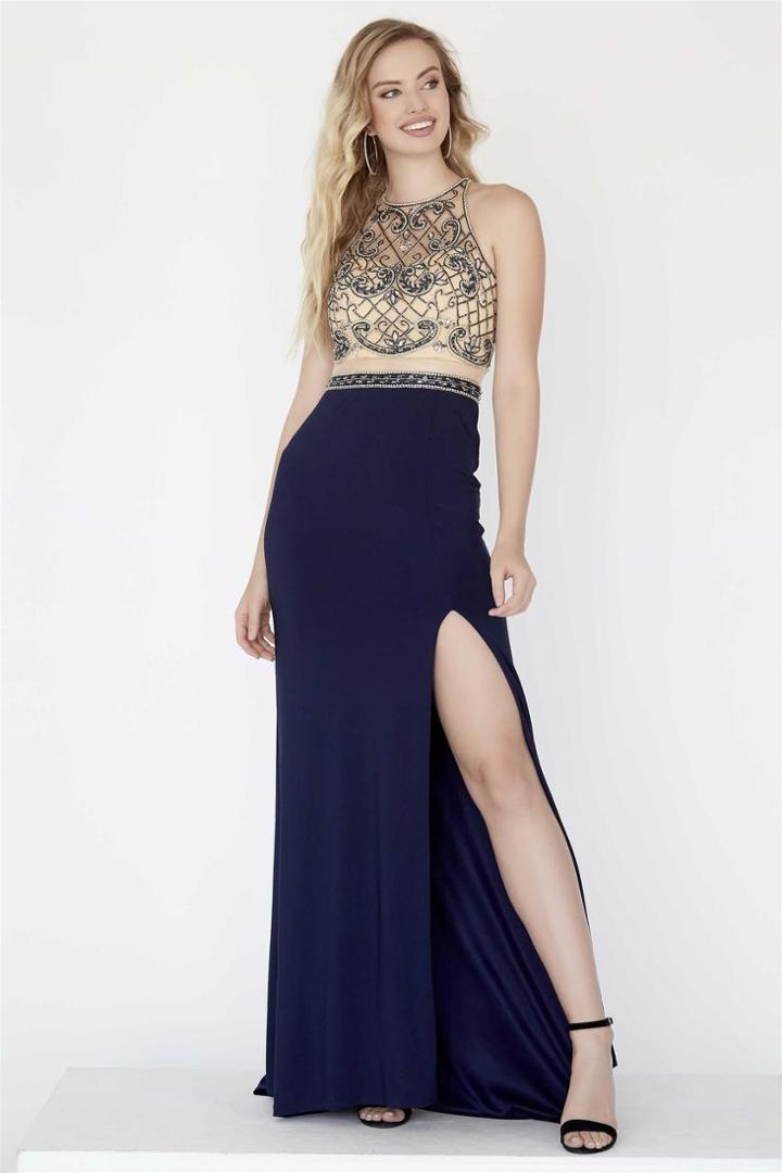 Jolene Collection - 18039 Beaded Illusion Halter Jersey Sheath Dress