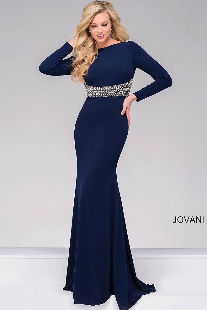 Jovani - Jersey Fitted Long Sleeve Prom Dress 48979