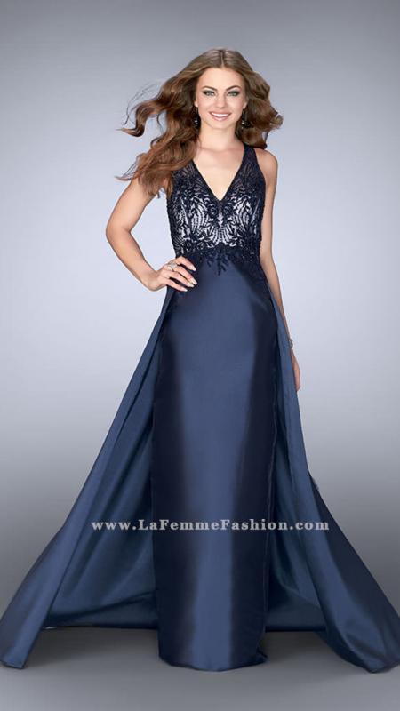 Gigi - Graceful Lace Illusion Long Evening Gown With Drape Overlay 24492