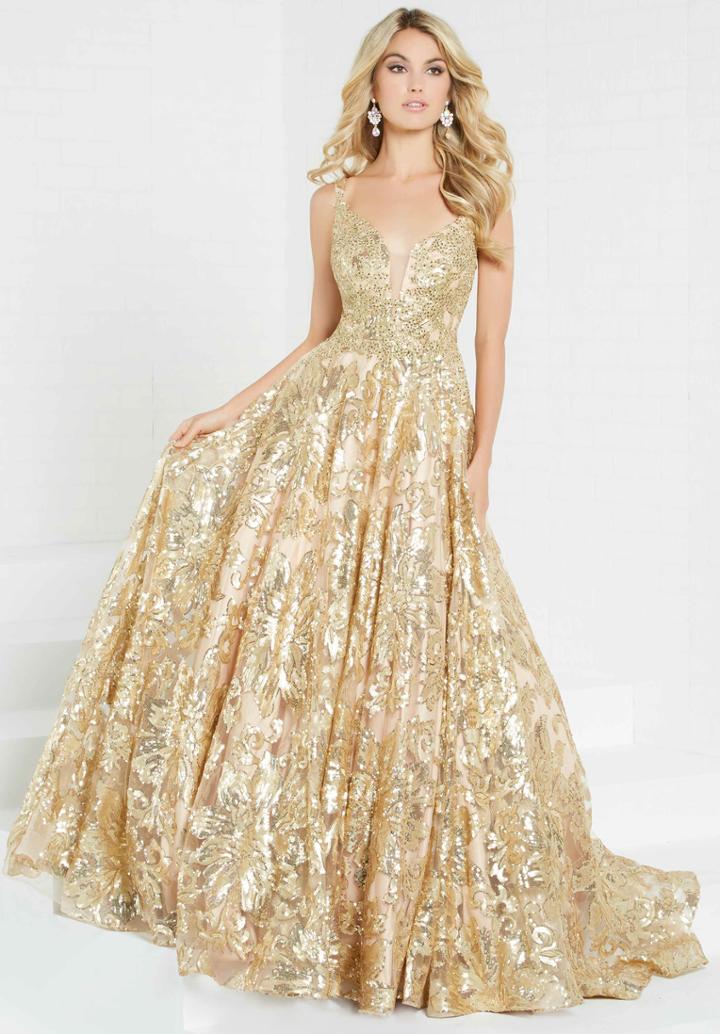 Tiffany Designs - 16294 Floral Sequined Deep V-neck Ballgown