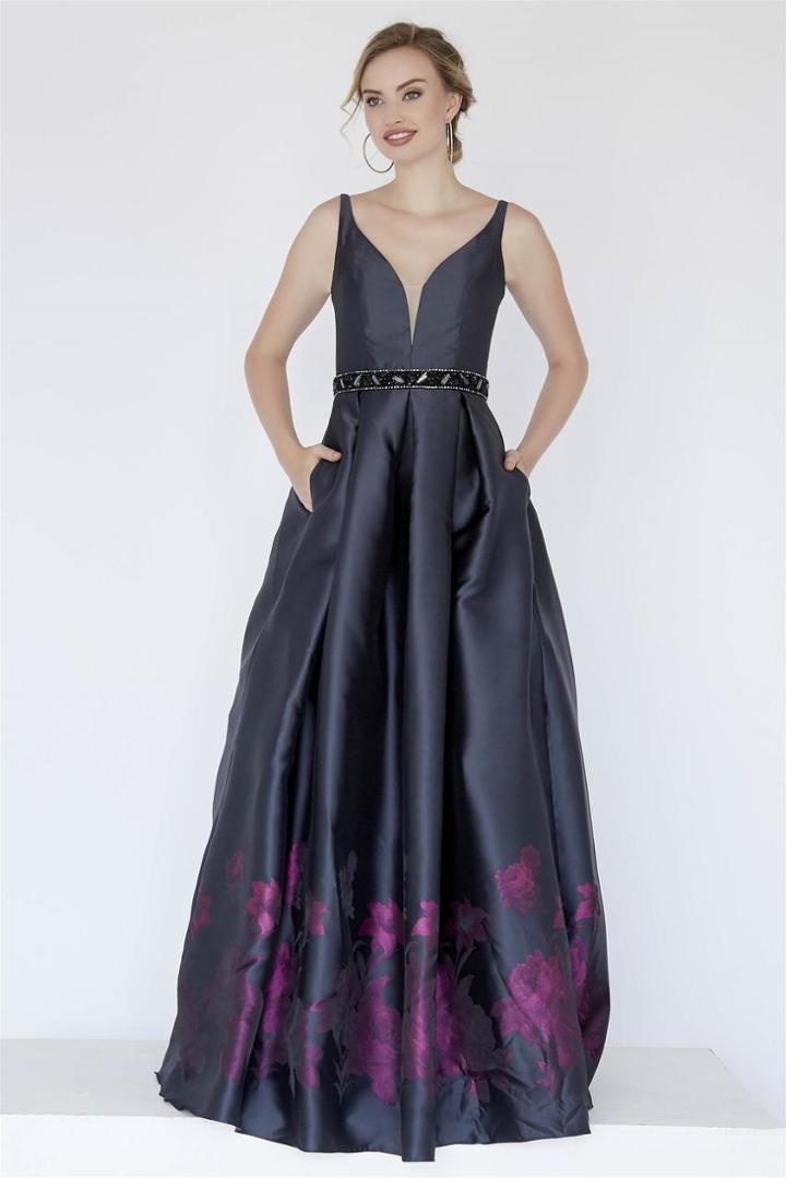 Jolene Collection - 18070l Beaded V-neck Floral Print Taffeta Dress
