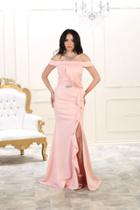 May Queen - Rq7528 Off Shoulders Ruffle Detail Satin Dress