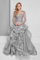 Terani Evening - Sheer Illusion Long Sleeve Ruffled Organza Skirt Ballgown
