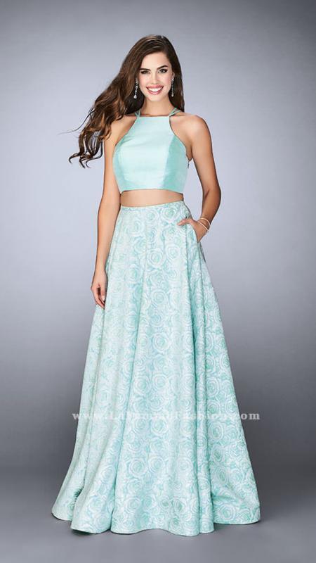 La Femme - Refreshing Floral Print Halter Long Evening Gown 24101