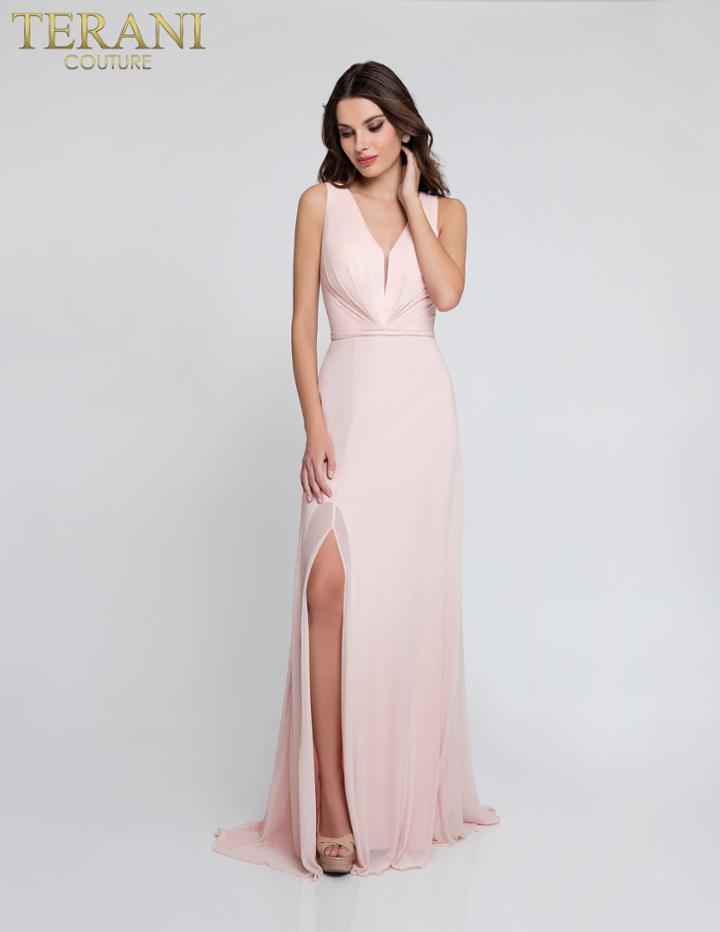 Terani Couture - 1812b5427 Sleeveless Gathered V-neck High Slit Gown