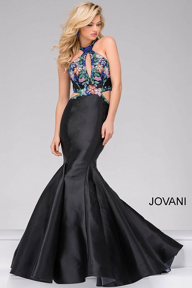 Jovani - Black And Multi Flower Embroided Mermaid Dress 46064