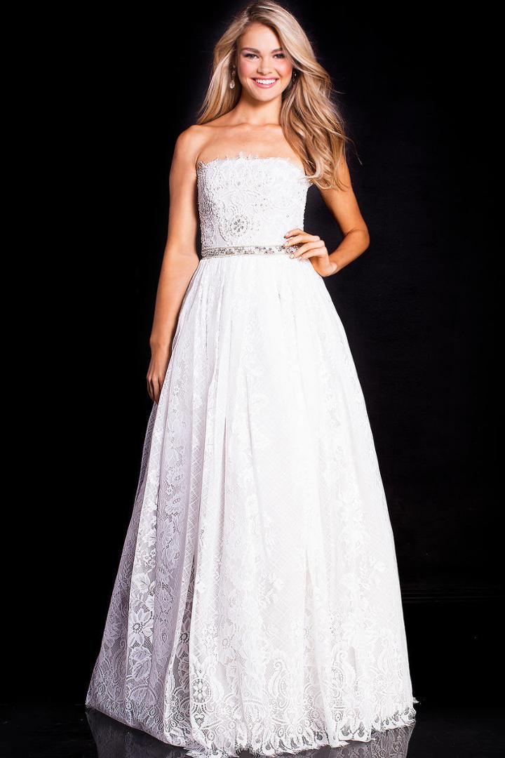 Jovani - 54587 Strapless Bejeweled Lace A-line Gown