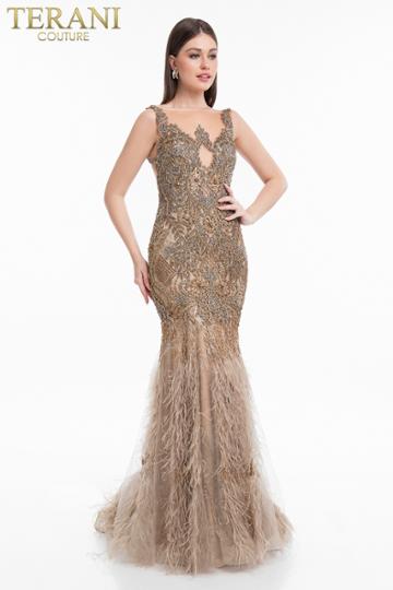 Terani Couture - 1821gl7423 Beaded Sheer Bateau Feathered Trumpet Gown