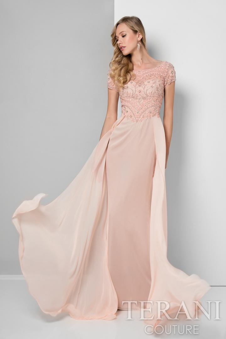 Terani Evening - Dainty Beaded Illusion A-line Gown With Short Sleeves 1711m3377