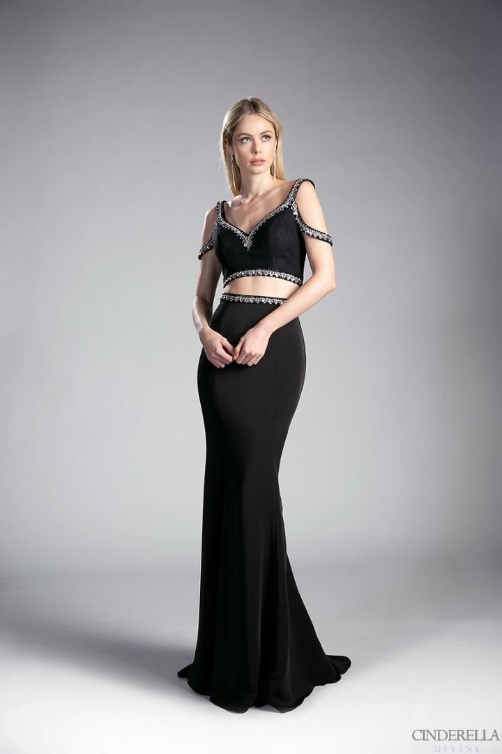 Cinderella Divine - Bejeweled Two Piece V-neck Fitted Dress